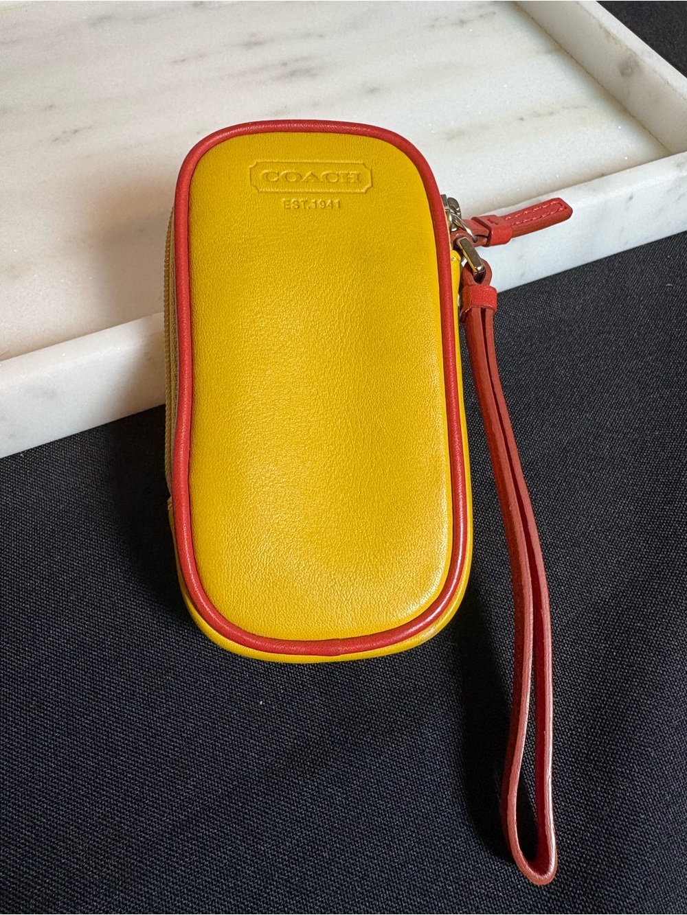 COACH Yellow Leather Wristlet with Red Trim